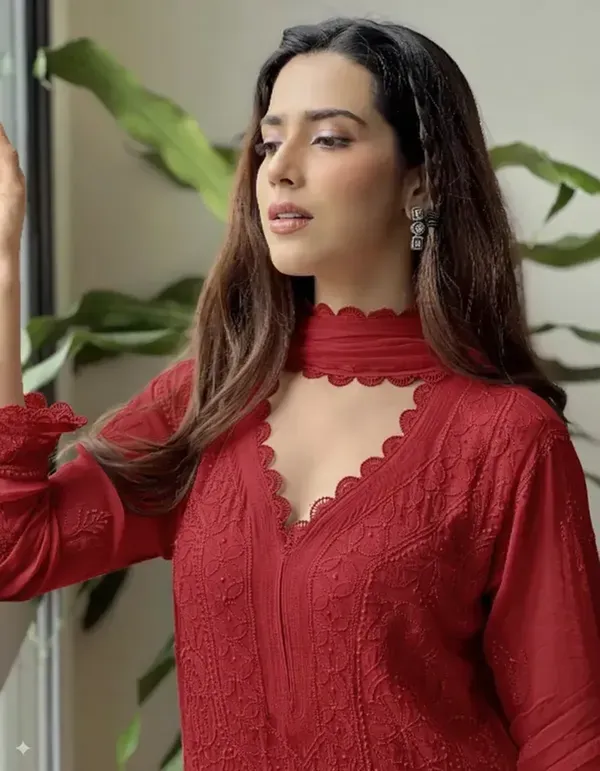 Red_Georgette_Chikankari_Embroidery_Kurta_With_Pant_Dupatta_For_Women