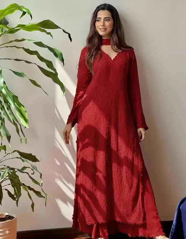 Red_Georgette_Chikankari_Embroidery_Kurta_With_Pant_Dupatta_For_Women