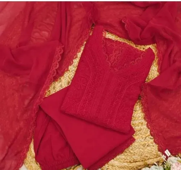Red_Georgette_Chikankari_Embroidery_Kurta_With_Pant_Dupatta_For_Women
