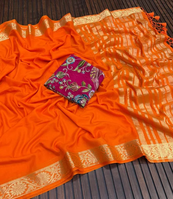 Orange_Khaddi_Crepe_Georgette_Saree_With_Zari_Border_And_Dual_Designer_Unstitched_Blouse