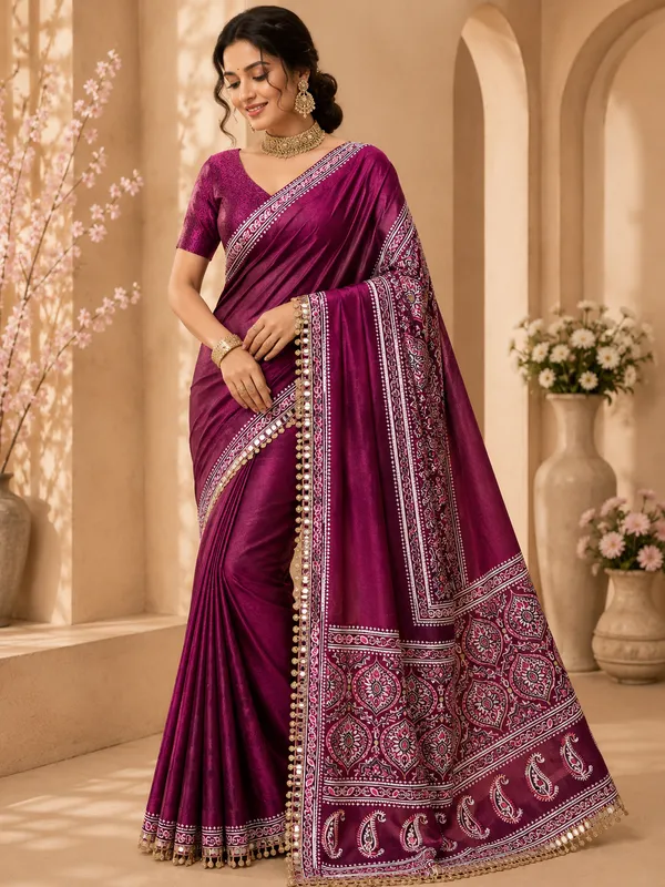 Plum_Ajrak_Print_Pure_Soft_Crepe_Silk_Saree_With_Mirror_Work_Embellished_Pallu_And_Unstitched_Blouse