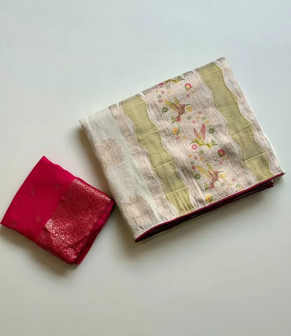 Pastel_Mint_Meenakari_Bird_Motif_Chinya_Tissue_Shimmer_Crepe_Georgette_Saree_With_Rich_Pallu_Unstitched_Blouse