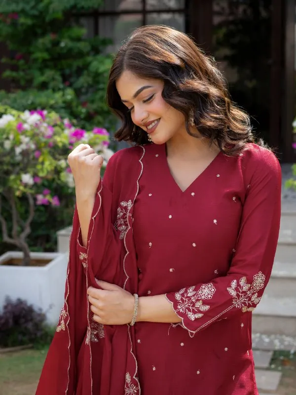 Premium_Wine_Red_Chinnon_Embroidered_Kurta_Pant_Dupatta_Set_For_Women