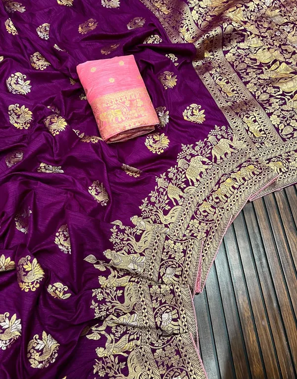 Magenta_Kalamkari_Heritage_Dola_Silk_Saree_With_Contrast_Pink_Blouse_And_Unstitched_Blouse
