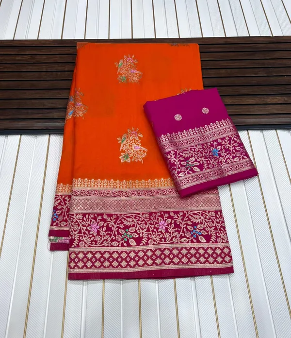 Sunset_Orange_Floral_Meena_Khadi_Crepe_Georgette_Saree_With_Antique_Zari_Rich_Pallu_And_Unstitched_Blouse