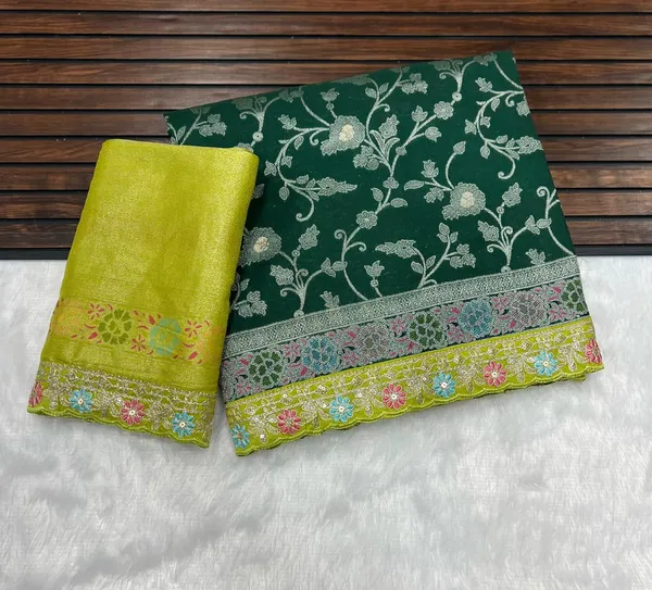 Emerald_Green_Meenakari_Woven_Khaddi_Crepe_Georgette_Saree_With_Contrast_Embroidered_Unstitched_Blouse