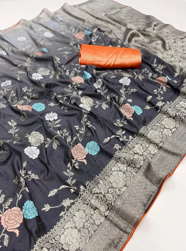 Charcoal_Grey_Floral_Meenakari_Kaddi_Crepe_Georgette_Saree_With_Contrast_Brocade_Blouse