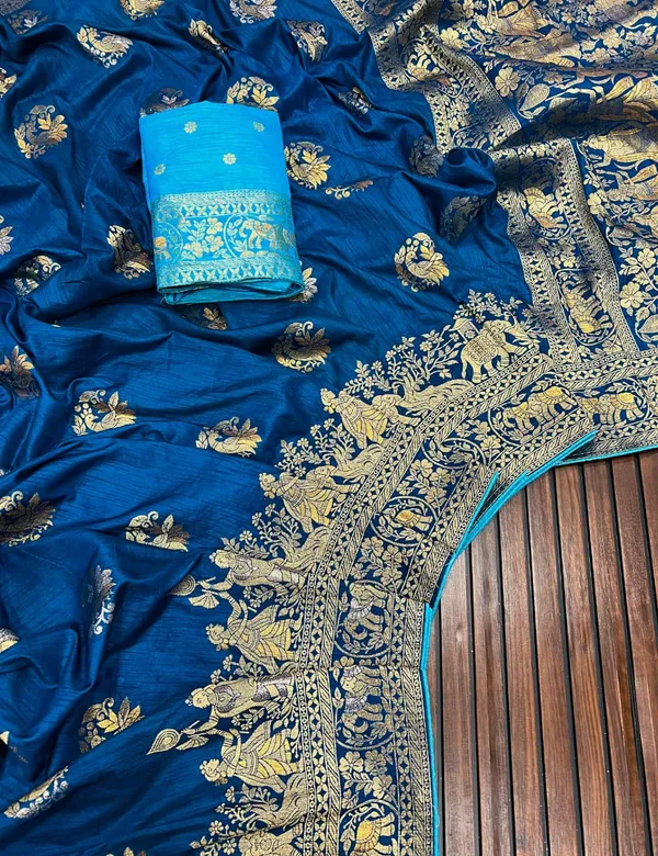 Turquoise_Blue_Kalamkari_Figure_Weaving_Dola_Silk_Saree_With_Rich_Pallu_And_Unstitched_Blouse