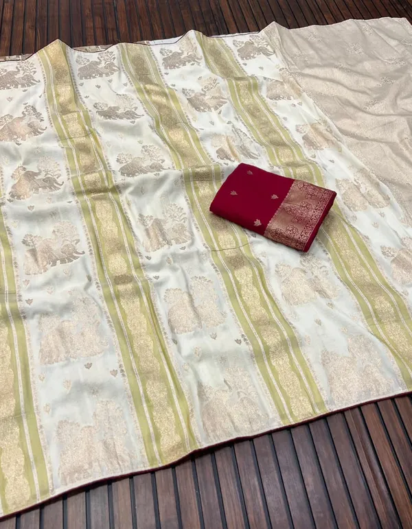 Ivory_Twin_Elephant_Zari_Weave_Chinya_Tisu_Silk_Saree_With_Contrast_Ruby_Red_Unstitched_Blouse