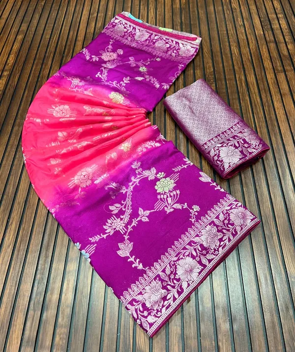 Rani_Pink_Ombre_Floral_Jangla_Banarasi_Khaddi_Viscose_Georgette_Saree_With_Rich_Woven_Pallu_Unstitched_Blouse