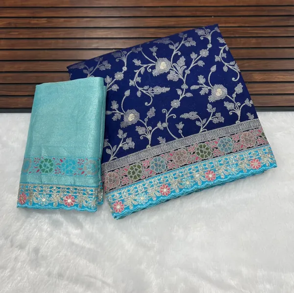 Navy_Blue_Meenakari_Woven_Khaddi_Crepe_Georgette_Saree_With_Contrast_Embroidered_Unstitched_Blouse
