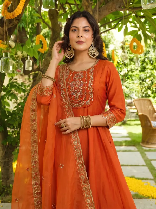 Orange_Embroidered_Vichitra_Silk_Straight_Kurta_Set_With_Pant_&_Organza_Dupatta