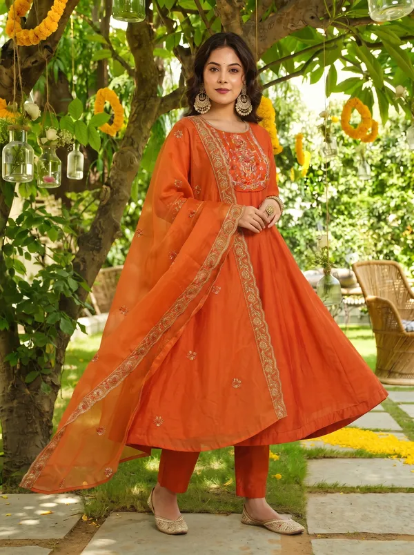 Orange_Embroidered_Vichitra_Silk_Straight_Kurta_Set_With_Pant_&_Organza_Dupatta