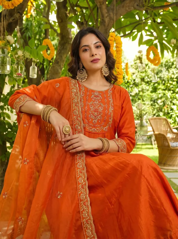 Orange_Embroidered_Vichitra_Silk_Straight_Kurta_Set_With_Pant_&_Organza_Dupatta