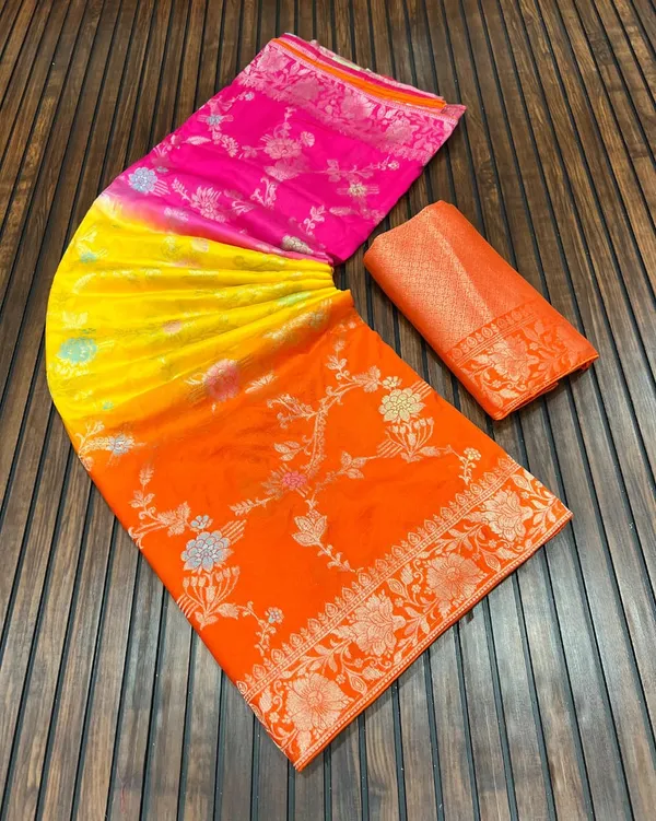 Sunset_Pink_Yellow_Ombre_Floral_Banarasi_Khaddi_Viscose_Georgette_Saree_With_Rich_Woven_Pallu_Unstitched_Blouse
