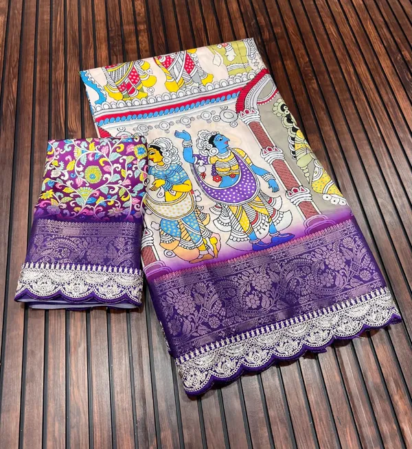 Royal_Purple_Pichwai_Kalamkari_Lichi_Silk_Saree_With_Zari_Weaving_Border_Unstitched_Blouse