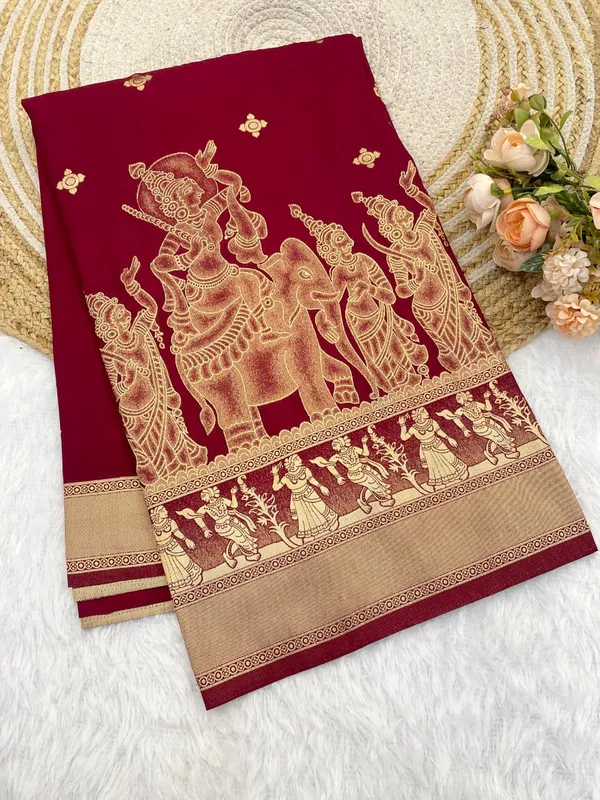 Maroon_Kalamkari_Figure_Khaddi_Crepe_Georgette_Saree_With_Rich_Jacquard_Pallu_Unstitched_Blouse