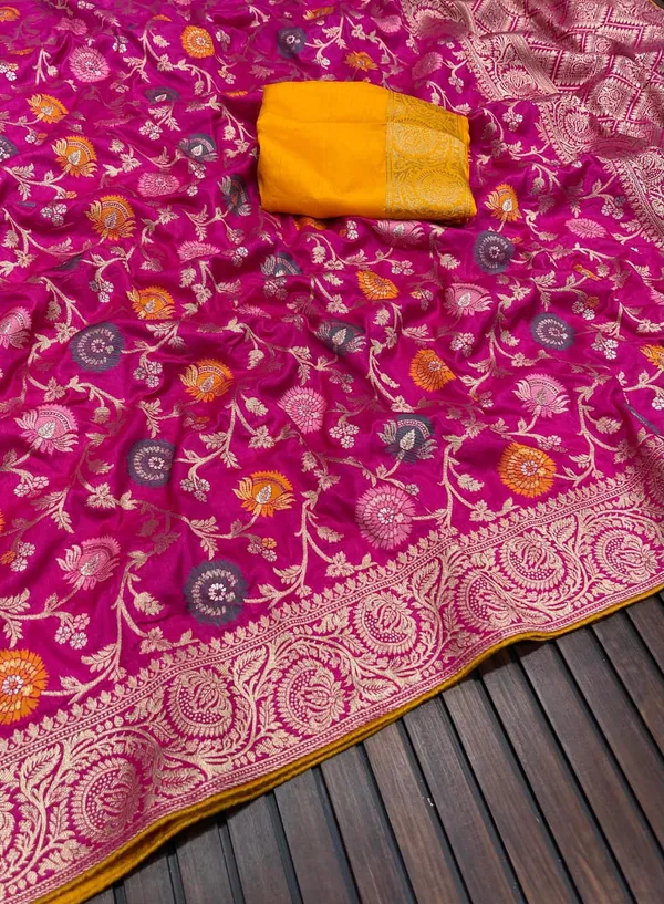 Fuchsia_Pink_Meenakari_Jaal_Viscose_Dola_Silk_Saree_With_Rich_Zari_Pallu_Unstitched_Contrast_Blouse