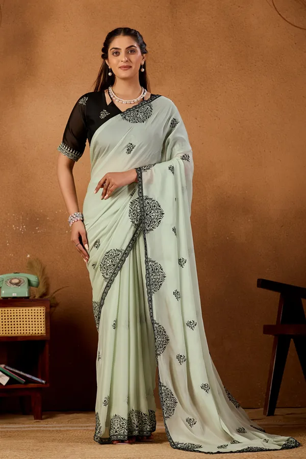 Pista_Green_Mandala_Art_Rangoli_Saree_With_Scallop_Border_Contrast_Unstitched_Blouse