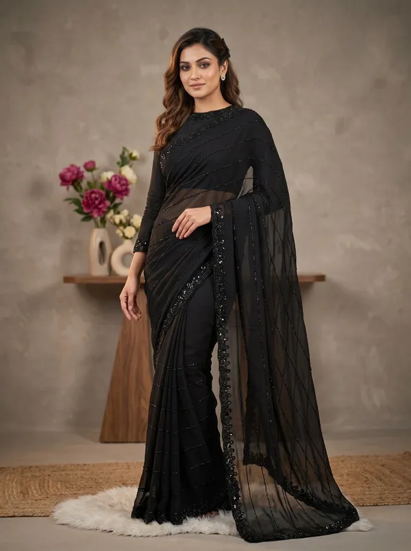 Premium_Black_Beaded_Pure_Fox_Georgette_Designer_Saree_With_Cutwork_Border_&_Unstitched_Blouse