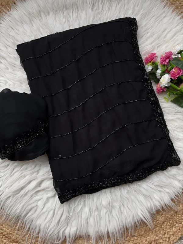 Premium_Black_Beaded_Pure_Fox_Georgette_Designer_Saree_With_Cutwork_Border_&_Unstitched_Blouse