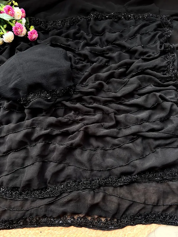 Premium_Black_Beaded_Pure_Fox_Georgette_Designer_Saree_With_Cutwork_Border_&_Unstitched_Blouse