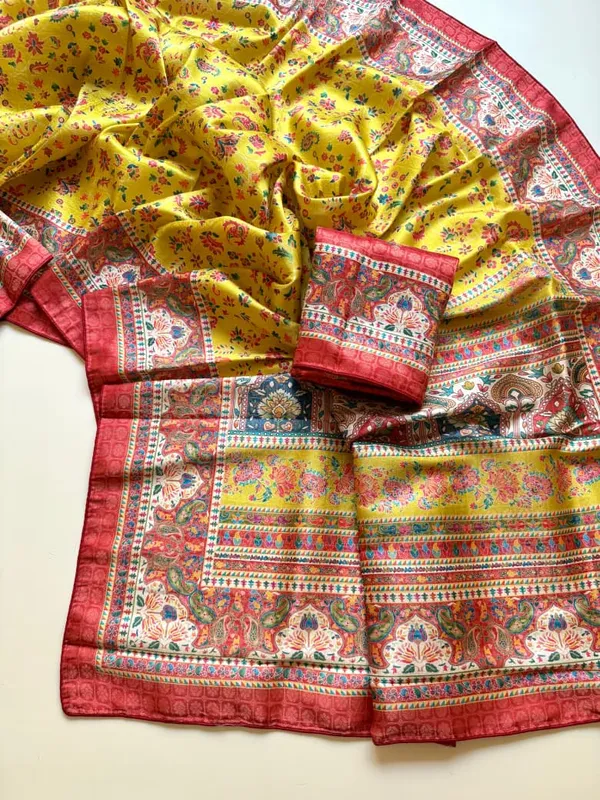 Lemon_Yellow_Floral_Dola_Silk_Saree_With_Jacquard_Paisley_Border_And_Unstitched_Blouse
