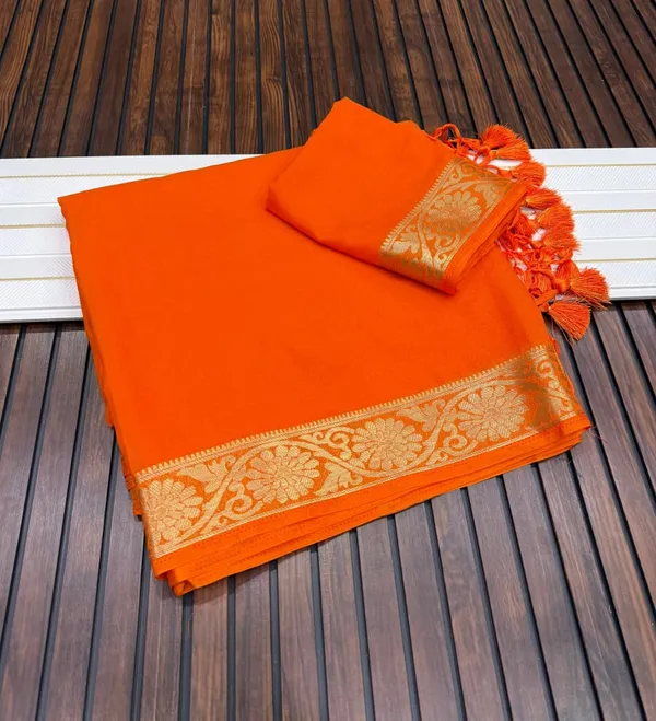 Royal_Orange_Jari_Jacquard_Khaddi_Crepe_Georgette_Saree_With_Tassel_Pallu_Unstitched_Blouse