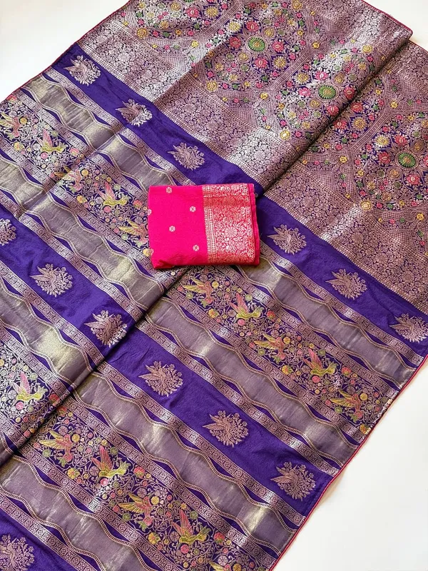 Royal_Purple_Meenakari_Bird_Motif_Chinya_Tissue_Shimmer_Crepe_Georgette_Saree_With_Rich_Pallu_Unstitched_Blouse