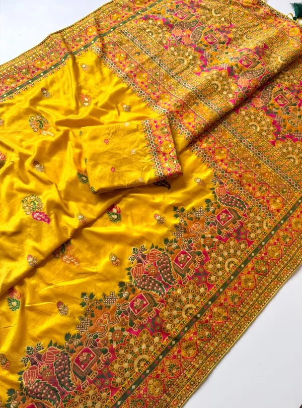 Premium_Mustard_Yellow_Kashmiri_Woven_Rajwadi_Pashmina_Dola_Silk_Saree_With_Tassel_Pallu_Unstitched_Blouse