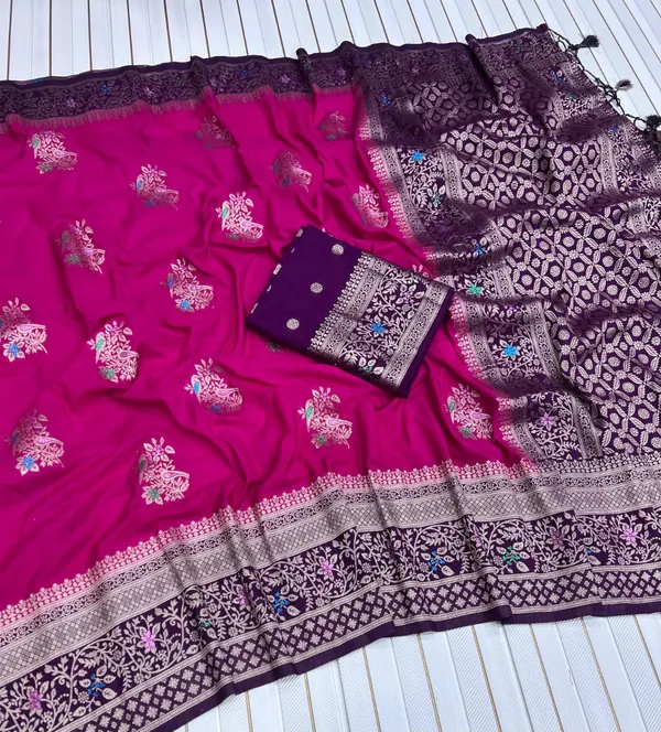 Rani_Pink_Floral_Meena_Khadi_Crepe_Georgette_Saree_With_Antique_Zari_Rich_Pallu_And_Unstitched_Blouse