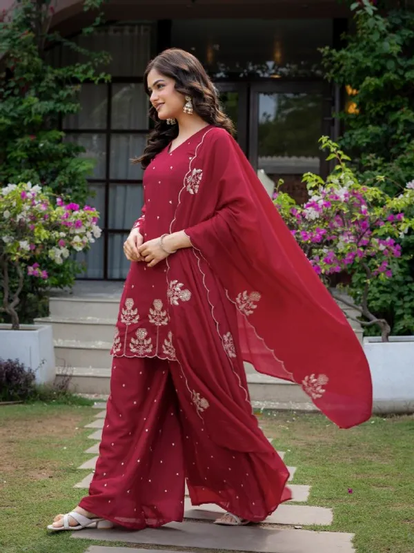 Premium_Wine_Red_Chinnon_Embroidered_Kurta_Pant_Dupatta_Set_For_Women