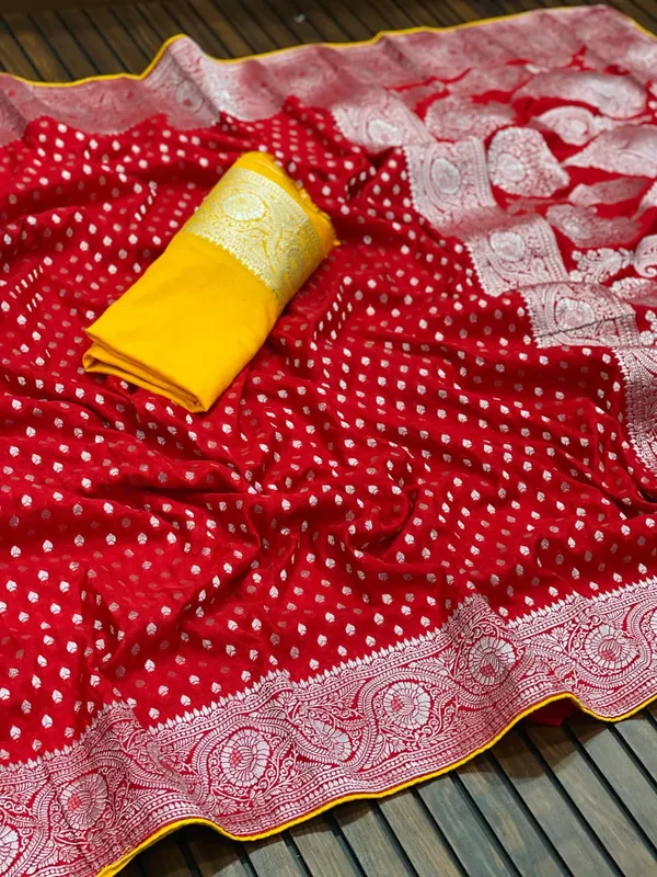 Ruby_Red_Silver_Zari_Jacquard_Khaddi_Crepe_Georgette_Saree_Rich_Pallu_With_Unstitched_Blouse