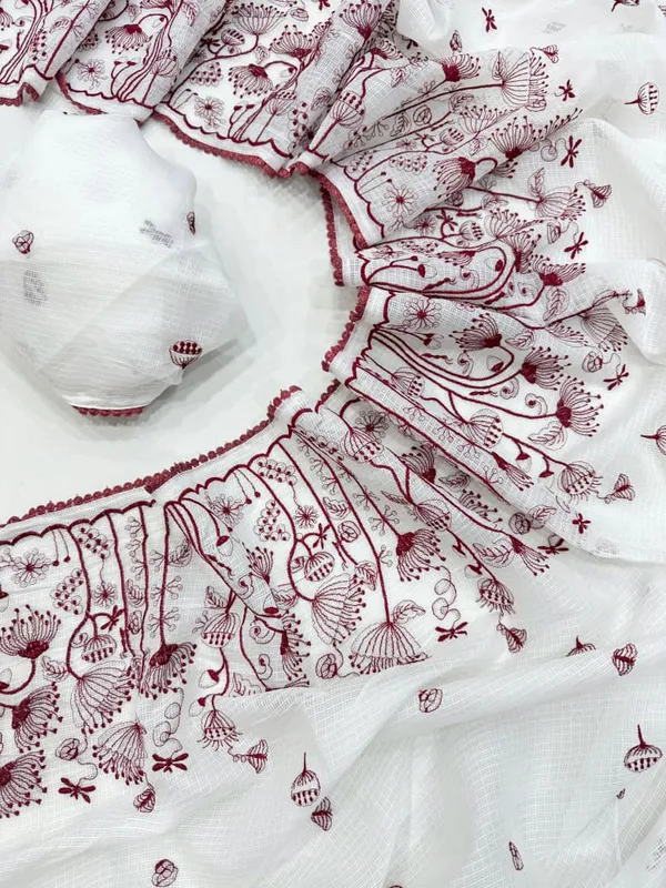 Ivory_Floral_Thread_Embroidered_Kota_Doriya_Saree_With_Cotton_Lace_Border_And_Unstitched_Blouse