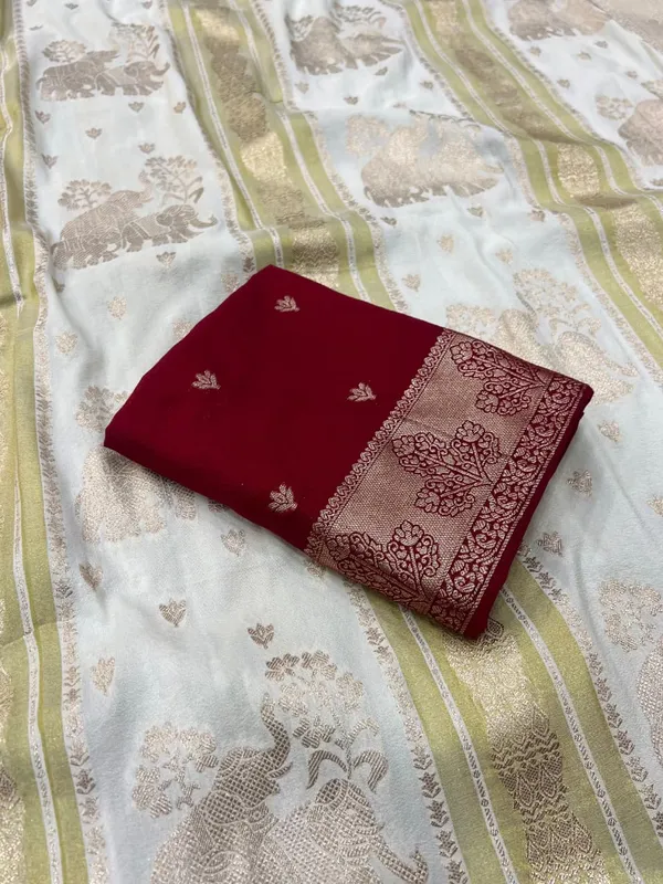 Ivory_Twin_Elephant_Zari_Weave_Chinya_Tisu_Silk_Saree_With_Contrast_Ruby_Red_Unstitched_Blouse
