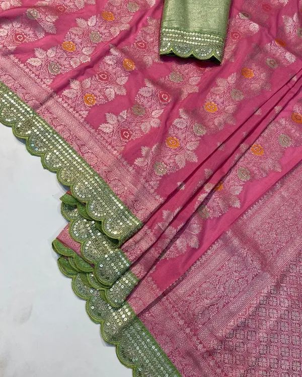 Pink_Meenakari_Jacquard_Khadi_Crepe_Georgette_Saree_With_Cutwork_Sequins_Border_Unstitched_Blouse