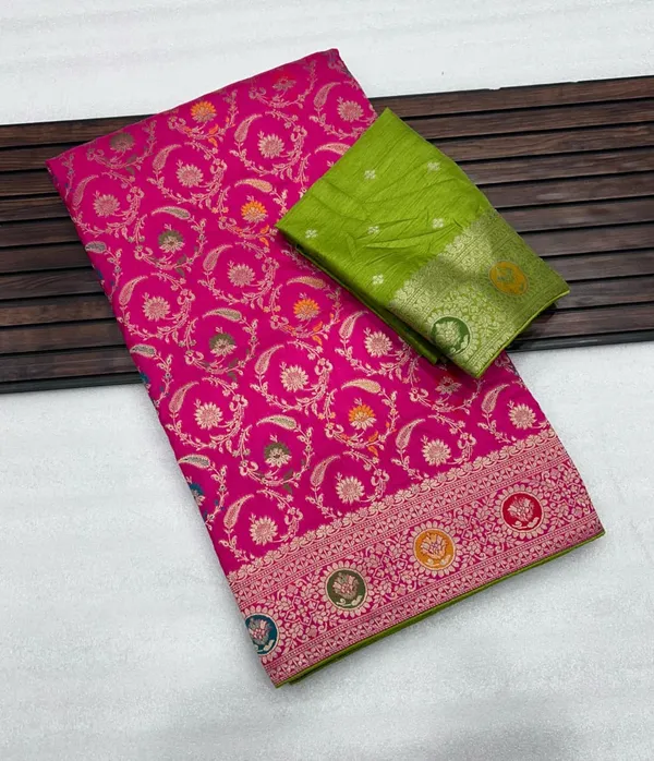 Rani_Pink_Lakhnavi_Meena_Dola_Silk_Saree_With_Jacquard_Jaal_Rich_Pallu_And_Unstitched_Blouse