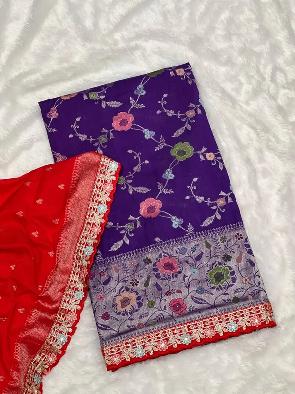Purple_Floral_Paithani_Khaddi_Crepe_Georgette_Saree_With_Embroidered_Lace_Border_Unstitched_Blouse