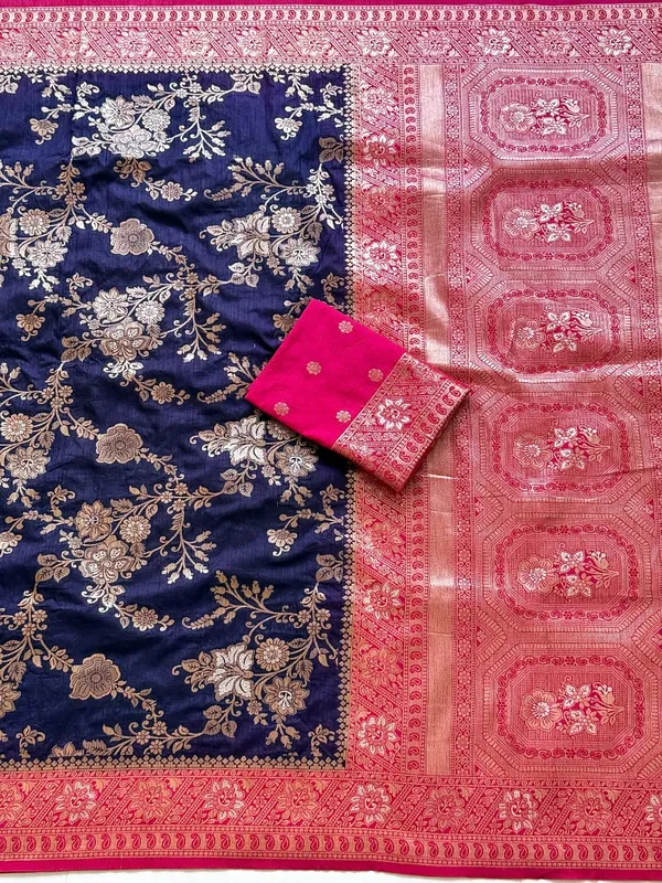 Navy_Blue_Floral_Jaal_Dola_Silk_Saree_With_Rich_Pink_Pallu_And_Unstitched_Blouse