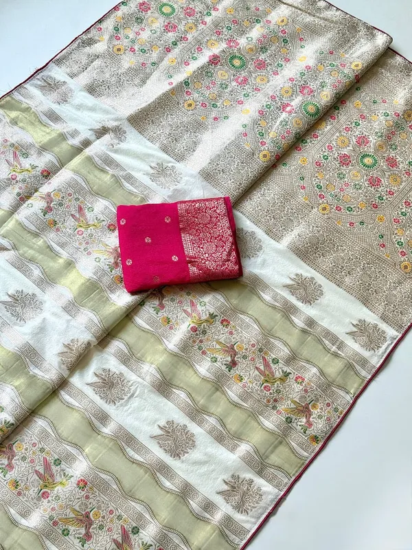 Pastel_Mint_Meenakari_Bird_Motif_Chinya_Tissue_Shimmer_Crepe_Georgette_Saree_With_Rich_Pallu_Unstitched_Blouse