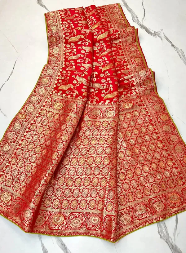 Bright_Red_Peacock_Motif_Banarasi_Viscose_Dola_Silk_Saree_With_Rich_Zari_Pallu_And_Unstitched_Blouse