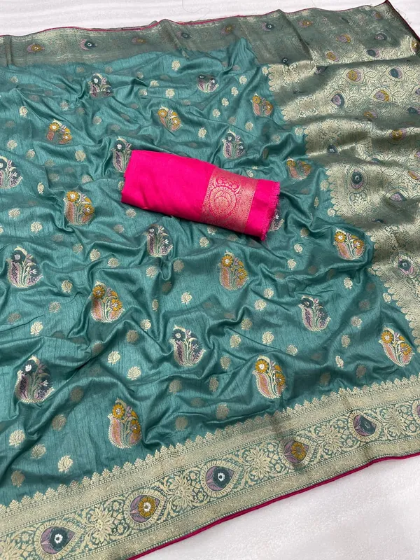 Sea_Green_Meenakari_Zari_Woven_Dola_Silk_Saree_With_Grand_Pallu_Unstitched_Blouse