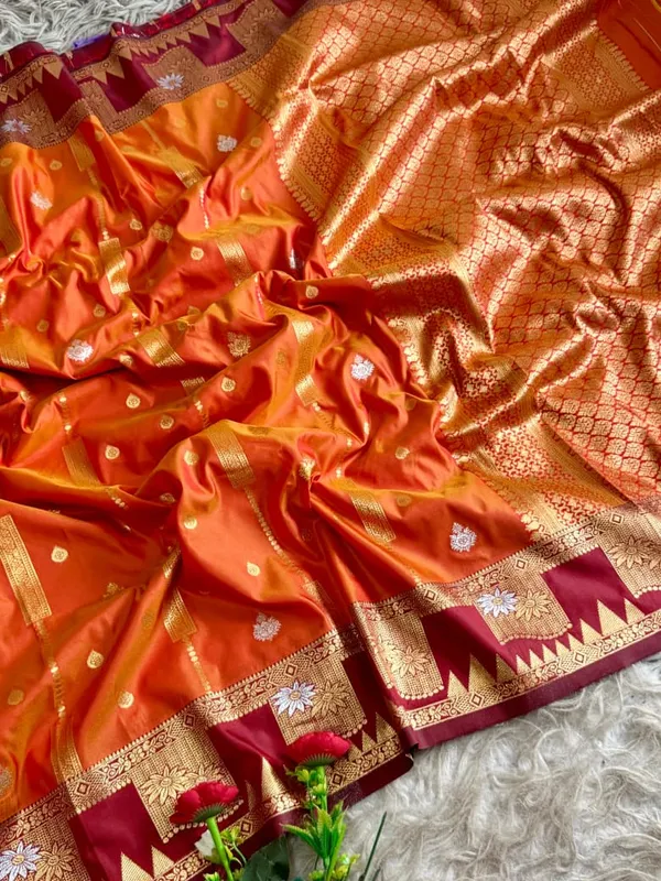 Orange_Gold_Zari_Banarasi_Luxaria_Silk_Saree_With_Grand_Rich_Pallu_Unstitched_Brocade_Blouse