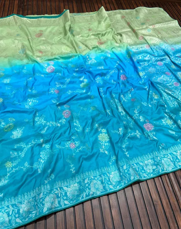 Sea_Green_Ombre_Floral_Jangla_Banarasi_Khaddi_Viscose_Georgette_Saree_With_Rich_Pallu_Unstitched_Blouse