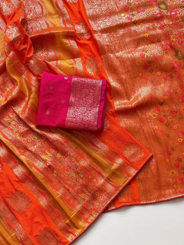 Burnt_Orange_Meenakari_Bird_Motif_Chinya_Tissue_Shimmer_Crepe_Georgette_Saree_With_Rich_Pallu_Unstitched_Blouse