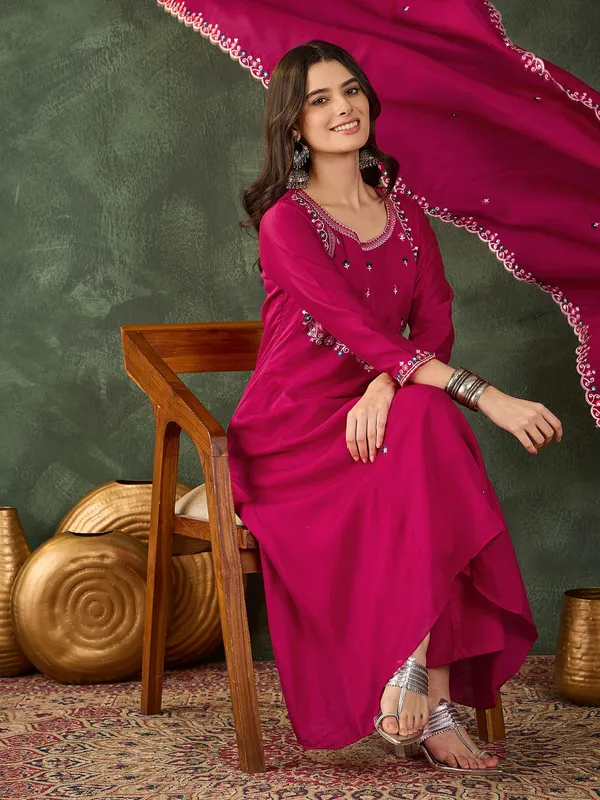 Rani_Pink_Embroidered_Vichitra_Silk_Flared_Kurta_Set_With_Pant_&_Dupatta