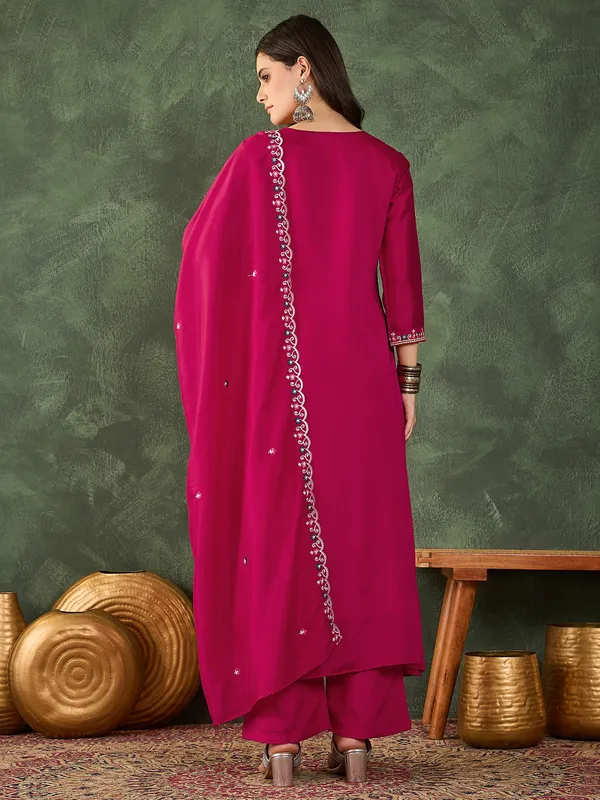 Rani_Pink_Embroidered_Vichitra_Silk_Flared_Kurta_Set_With_Pant_&_Dupatta