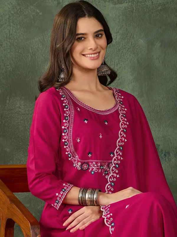 Rani_Pink_Embroidered_Vichitra_Silk_Flared_Kurta_Set_With_Pant_&_Dupatta