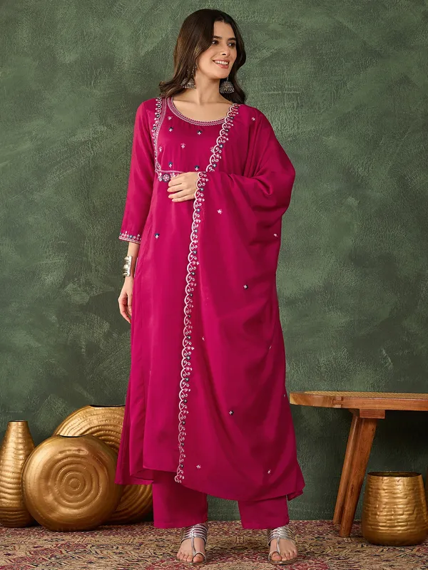Rani_Pink_Embroidered_Vichitra_Silk_Flared_Kurta_Set_With_Pant_&_Dupatta