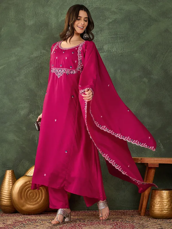 Rani_Pink_Embroidered_Vichitra_Silk_Flared_Kurta_Set_With_Pant_&_Dupatta